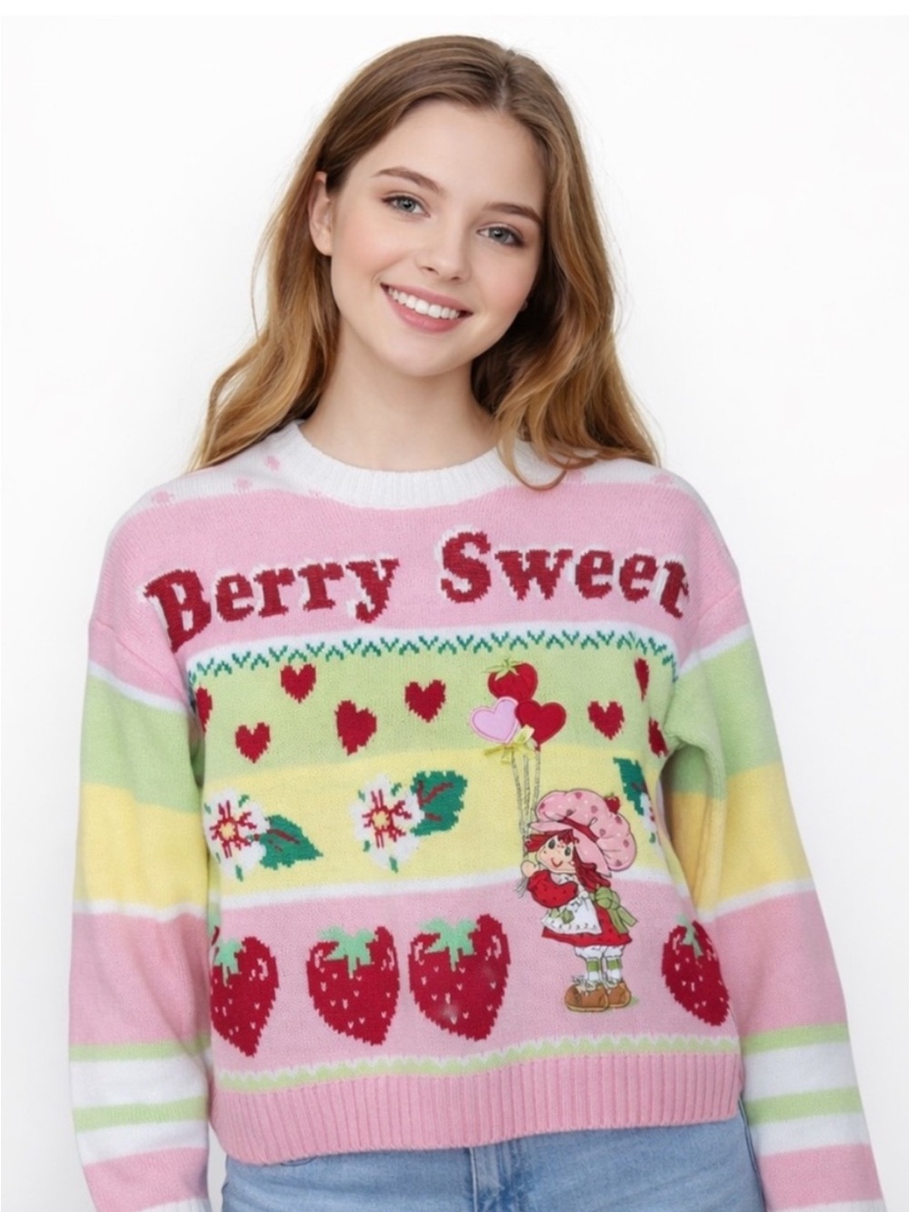 NWT STRAWBERRY SHORTCAKE Berry Sweet Striped Embroidered Knit Sweater Medium